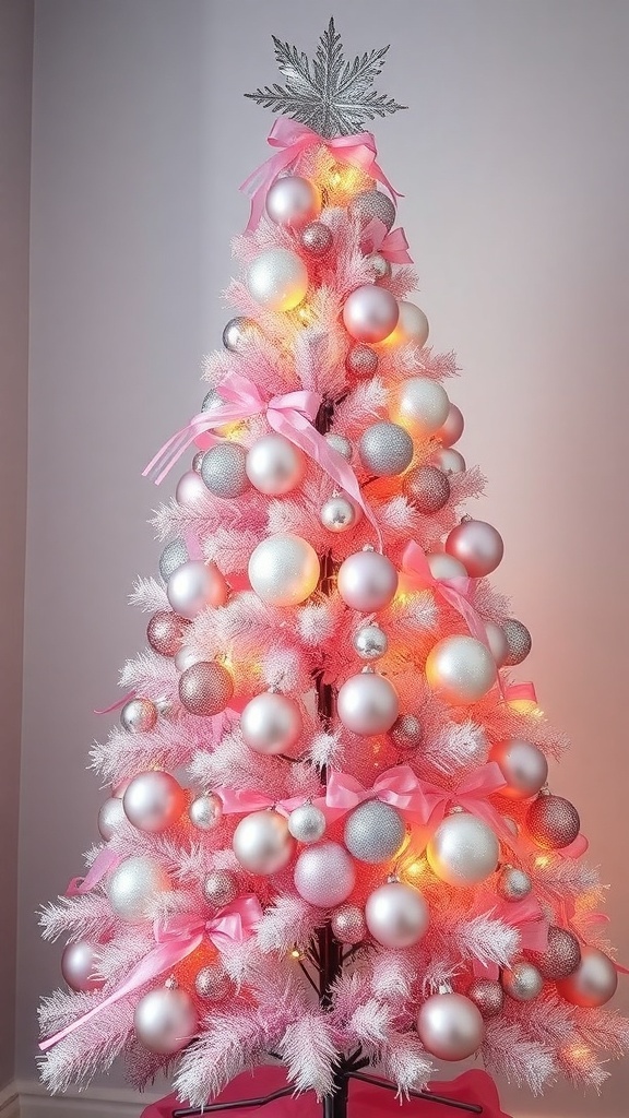 A pink and silver Christmas tree decorated with ornaments and ribbons.