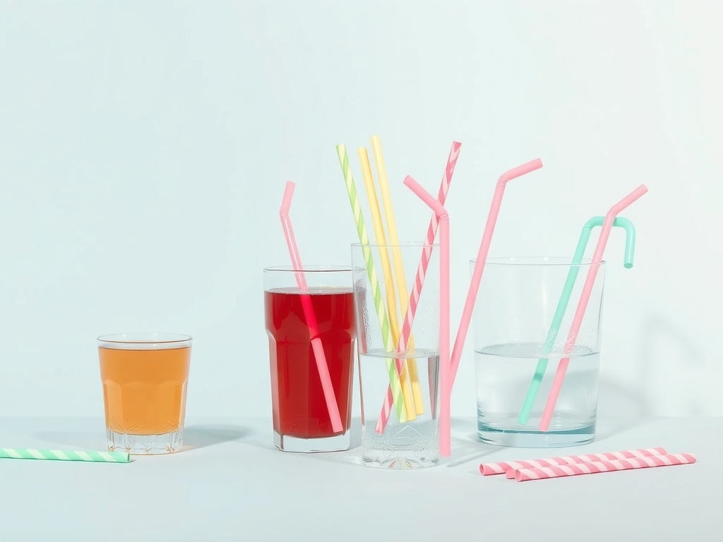 Pastel colored straws in various drinks on a light background
