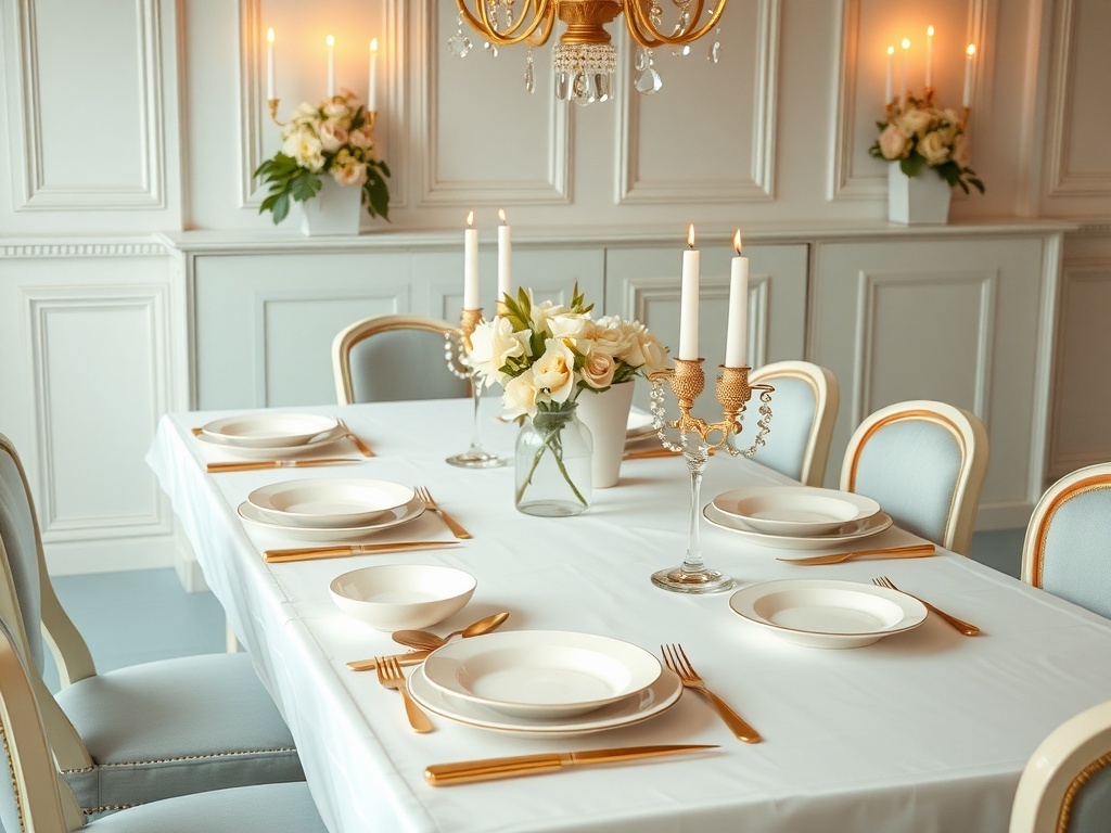 Chic table setting with white tablecloth, gold cutlery, elegant plates, and floral centerpiece.