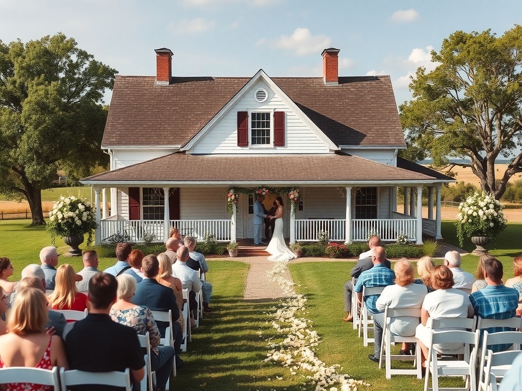 A couple getting married in front of a historic farmhouse with guests seated on white chairs.