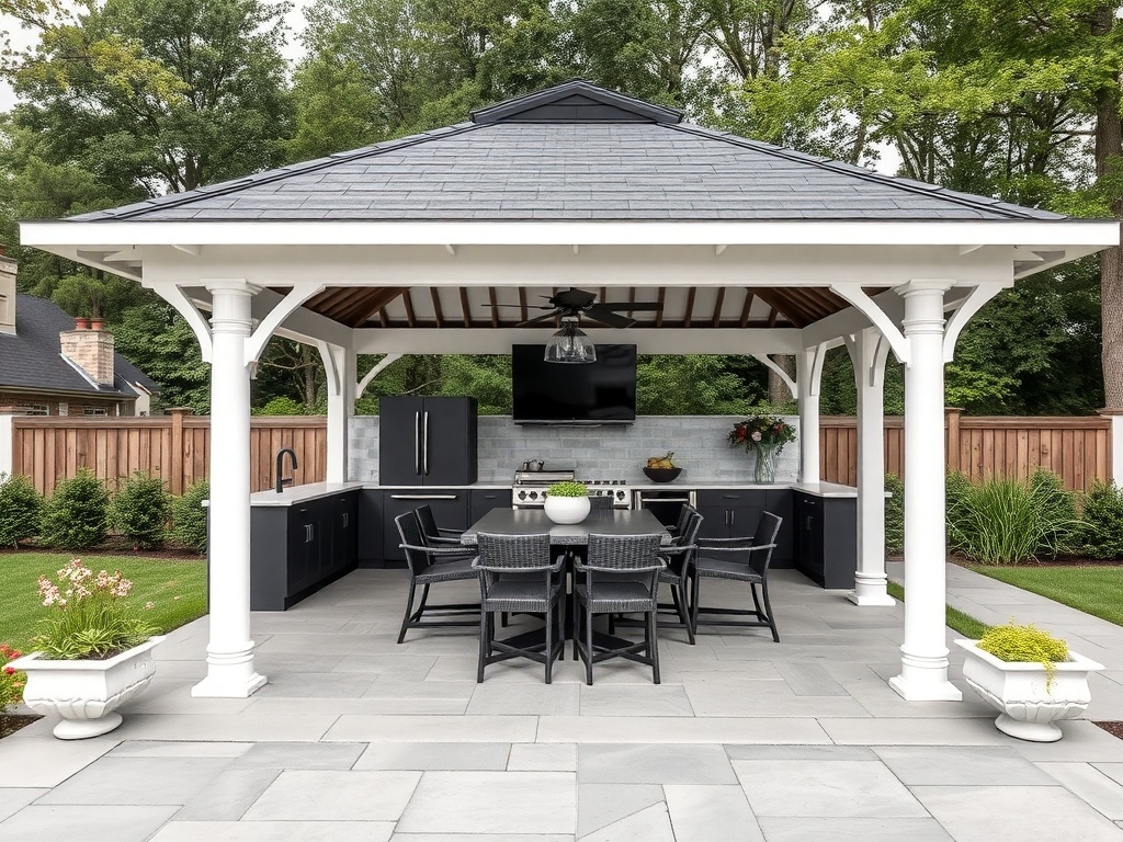 Modern two-level gazebo with outdoor kitchen and dining area in a luxury backyard.
