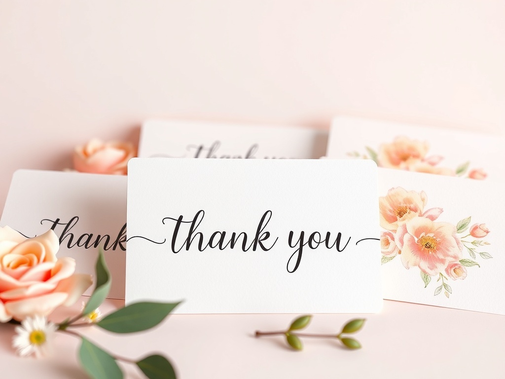 Pastel themed thank you cards with floral designs and elegant script