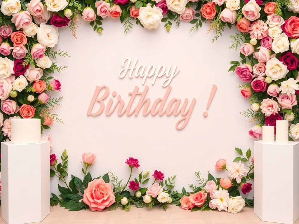 Floral backdrop with pastel roses and a 'Happy Birthday!' sign, perfect for speeches.