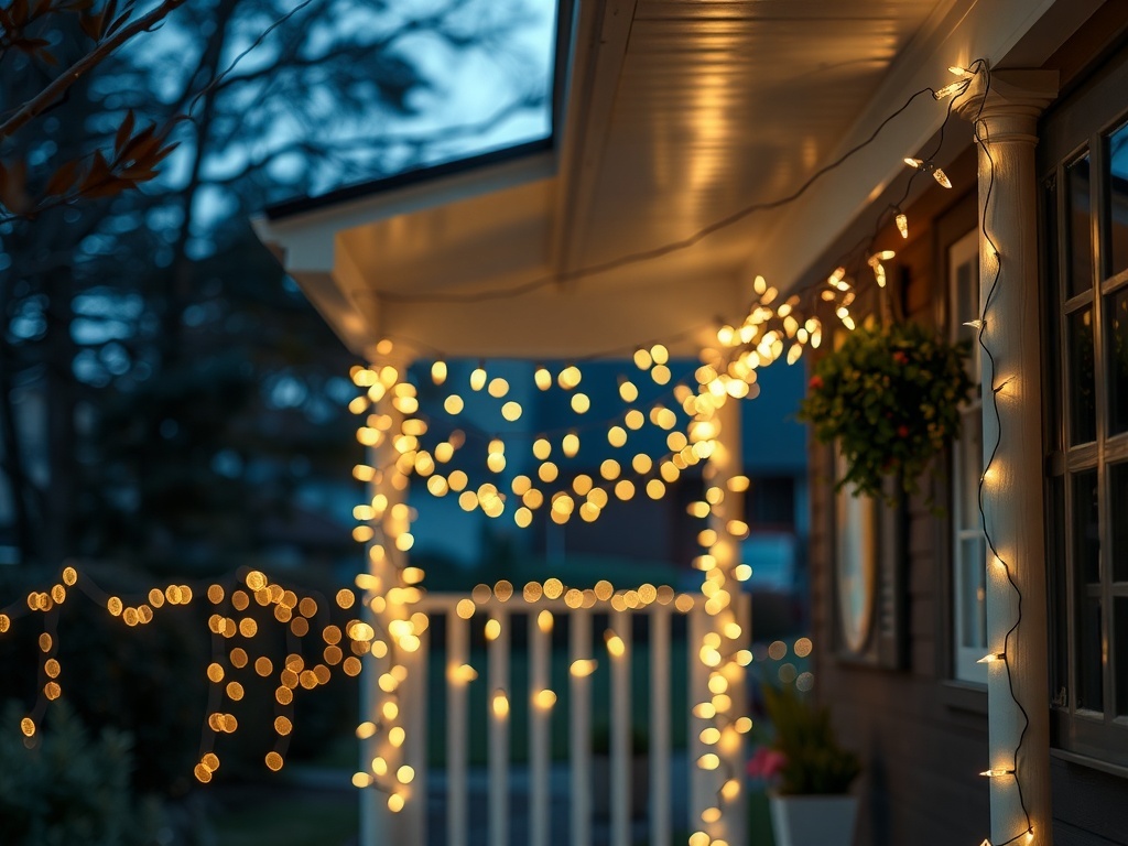 A cozy porch decorated with string lights glowing softly in the evening.