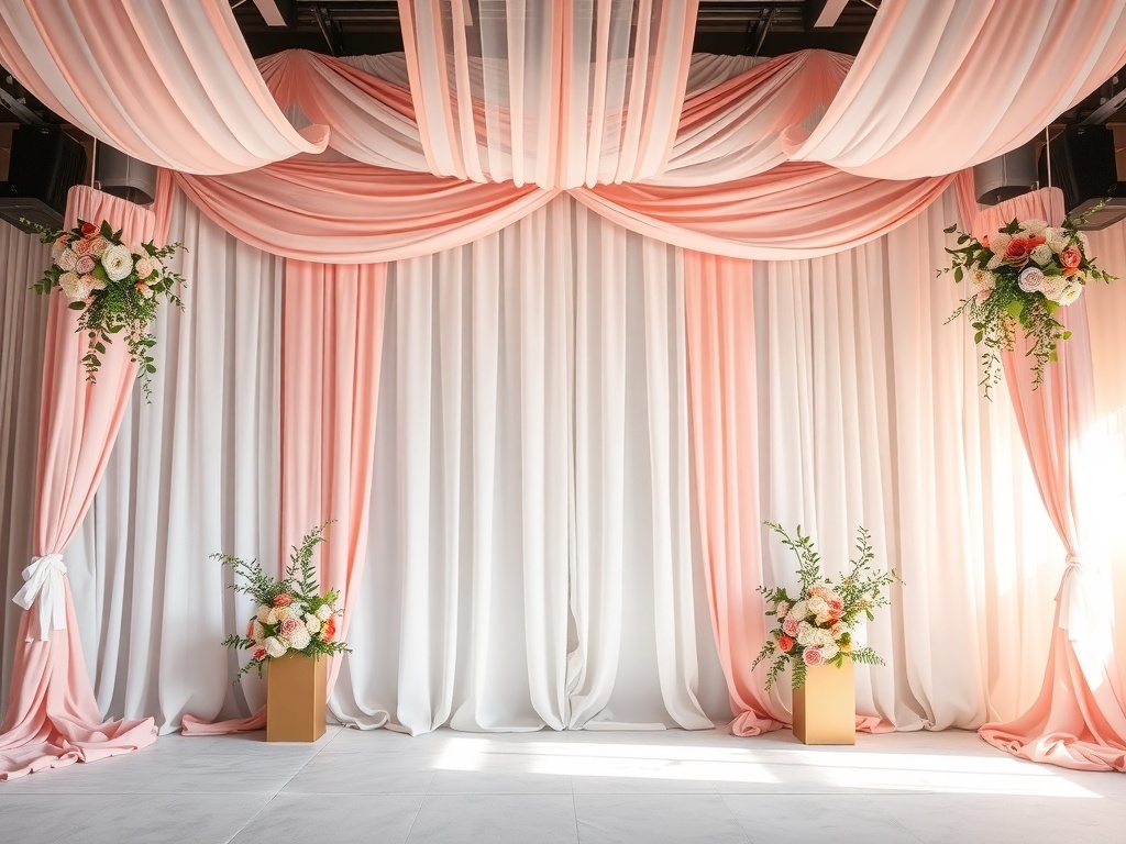 Draped fabric backdrop in pastel colors with floral arrangements