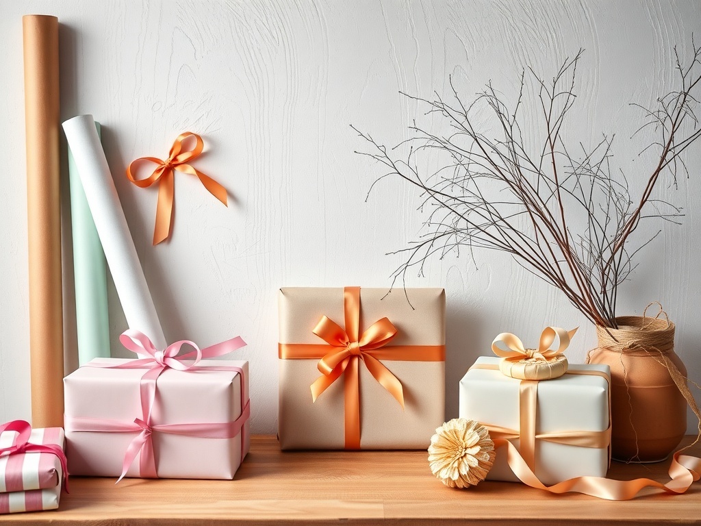Pastel themed gift wrapping station with rolls of wrapping paper and beautifully wrapped gifts