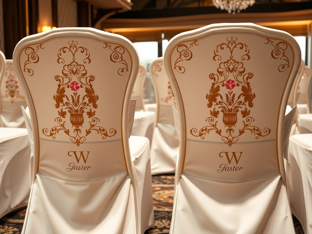 Elegant floral-embellished chair covers with intricate designs for a birthday party.