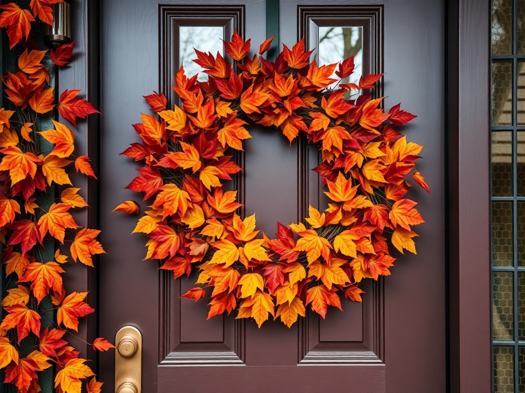 A vibrant autumn leaf wreath on a dark front door, surrounded by colorful leaves.