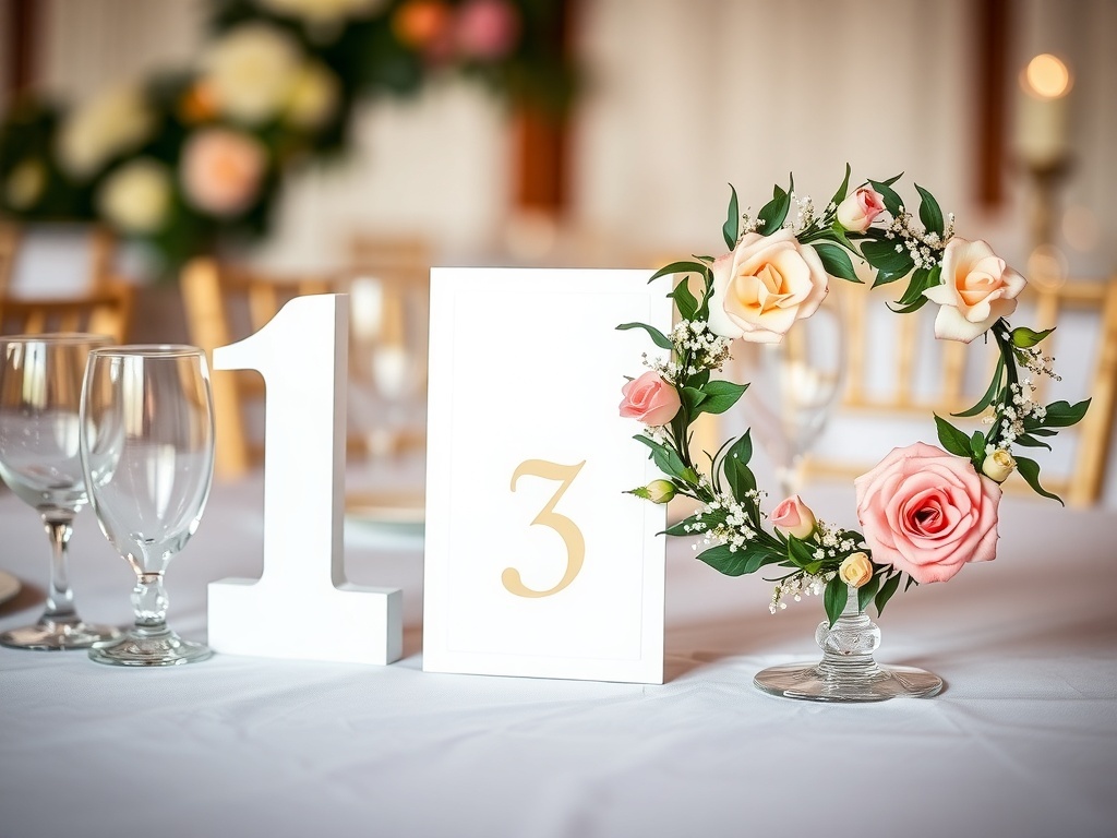 Floral wreath table numbers with pastel roses and white numbers on a beautifully set table.