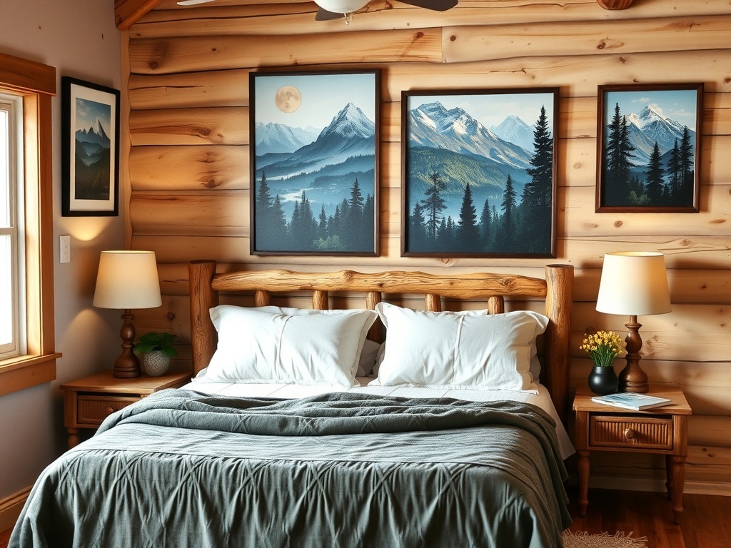 Cozy cabin bedroom with wilderness-themed wall art featuring mountain landscapes.