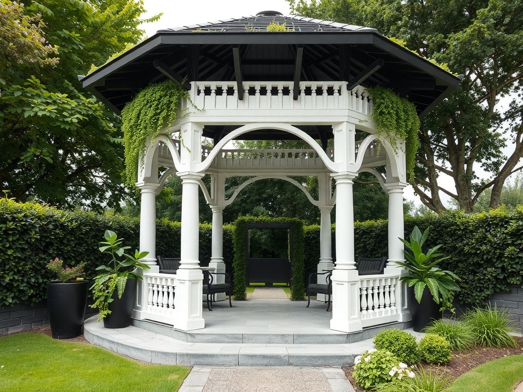 A modern two-level gazebo surrounded by vibrant vertical gardens in a luxury backyard.