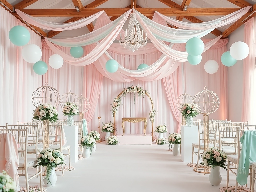 A beautifully decorated wedding venue featuring pastel colors, draped fabric, and floral arrangements.