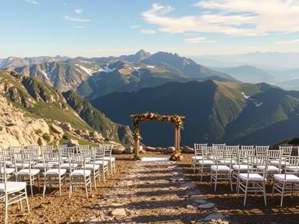 A wedding setup with chairs and a floral arch overlooking a mountain view.