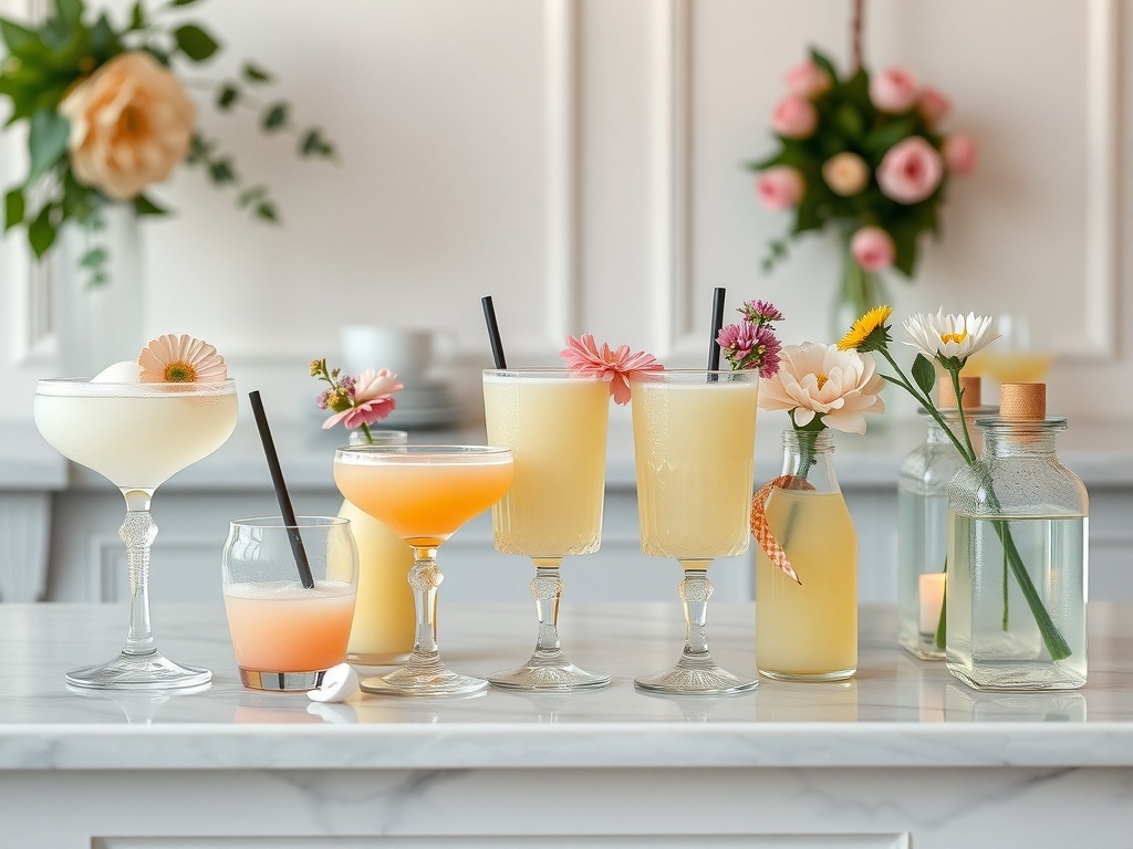 A pastel themed cocktail station featuring various cocktails garnished with flowers, creating a charming atmosphere.