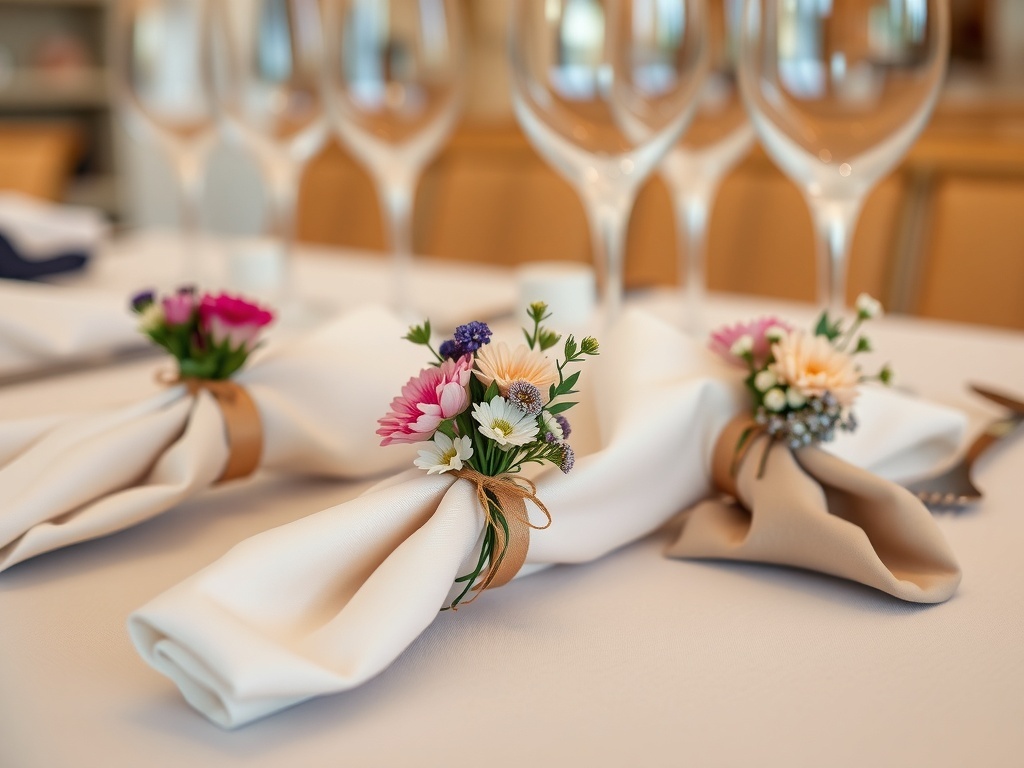 Elegant floral napkin rings with small flowers and ribbons on a table setting