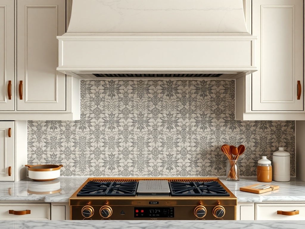 Luxury kitchen with a unique backsplash design.