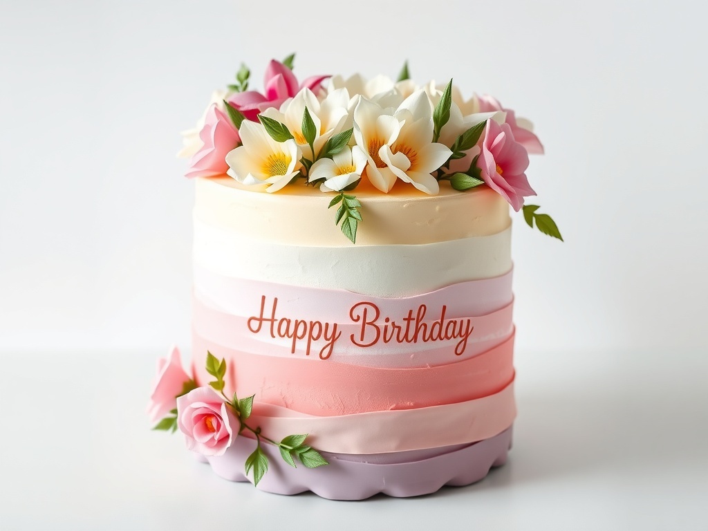 Pastel ombre birthday cake with flowers and 'Happy Birthday' written on it