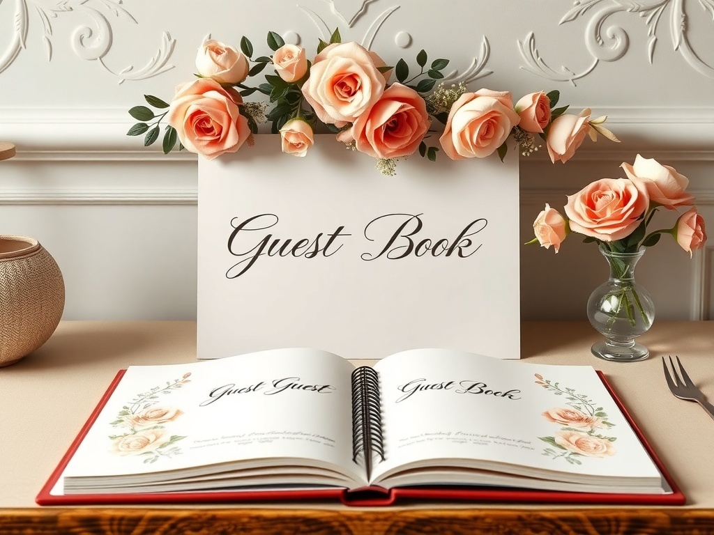 A beautifully arranged guest book with pastel roses and floral decorations.