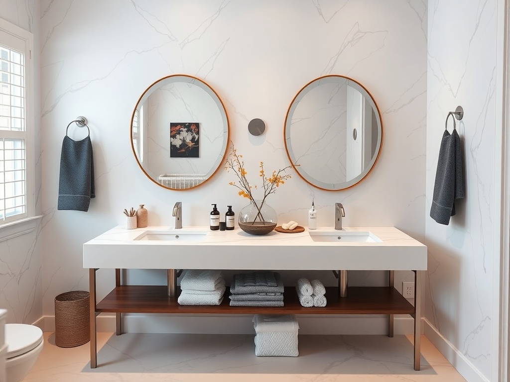 A modern bathroom featuring a double vanity with round mirrors, stylish accessories, and neatly arranged towels.