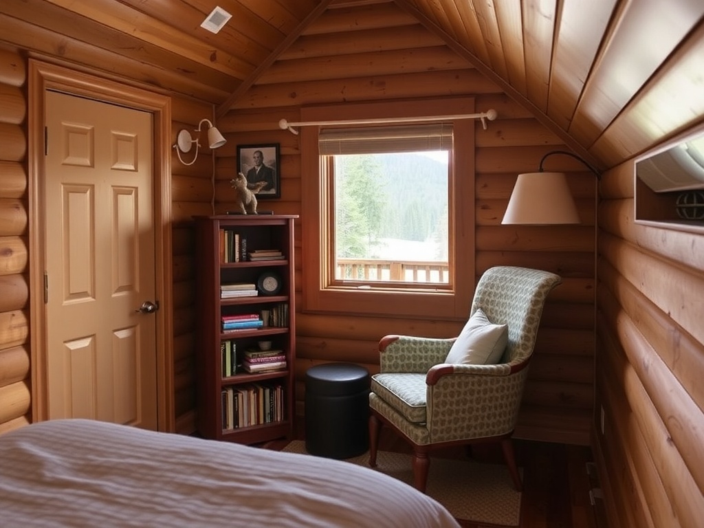 Cozy reading nook in a cabin bedroom with a chair, side table, and bookshelf