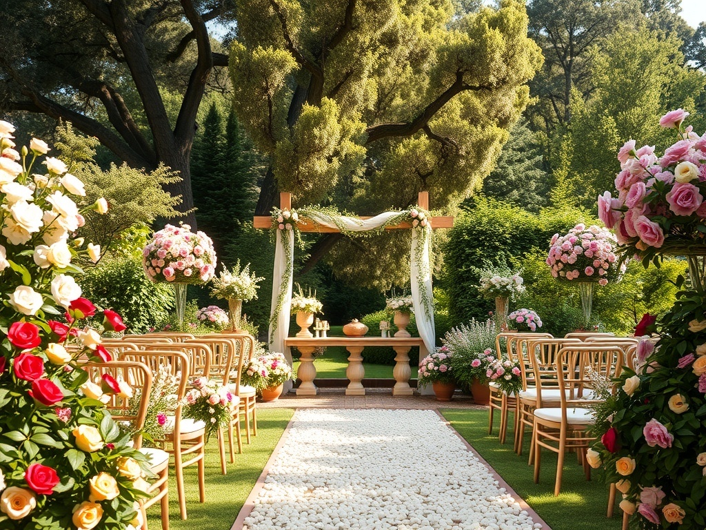 A beautiful garden wedding setup with floral decorations and wooden chairs.
