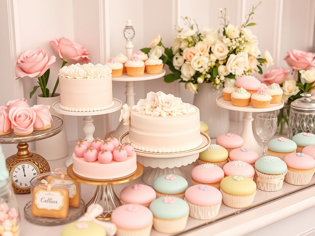 A pastel-themed sweets display featuring cakes, cupcakes, and floral decorations.