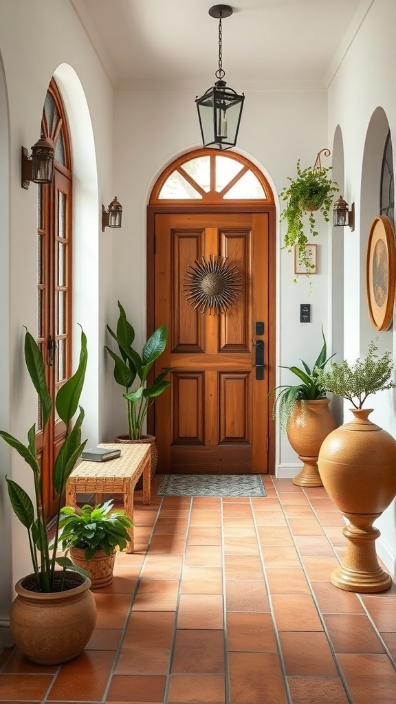 A welcoming entryway featuring terracotta tiles, plants, and a wooden door.