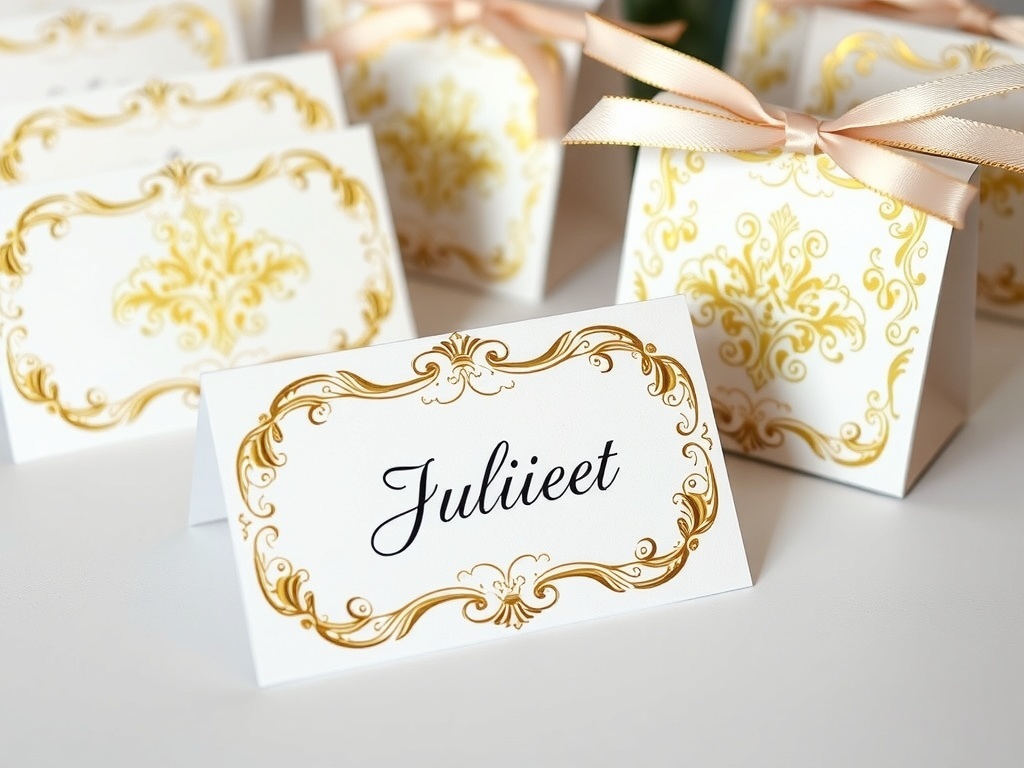 Elegant Rococo style place cards with gold detailing and a burgundy bow
