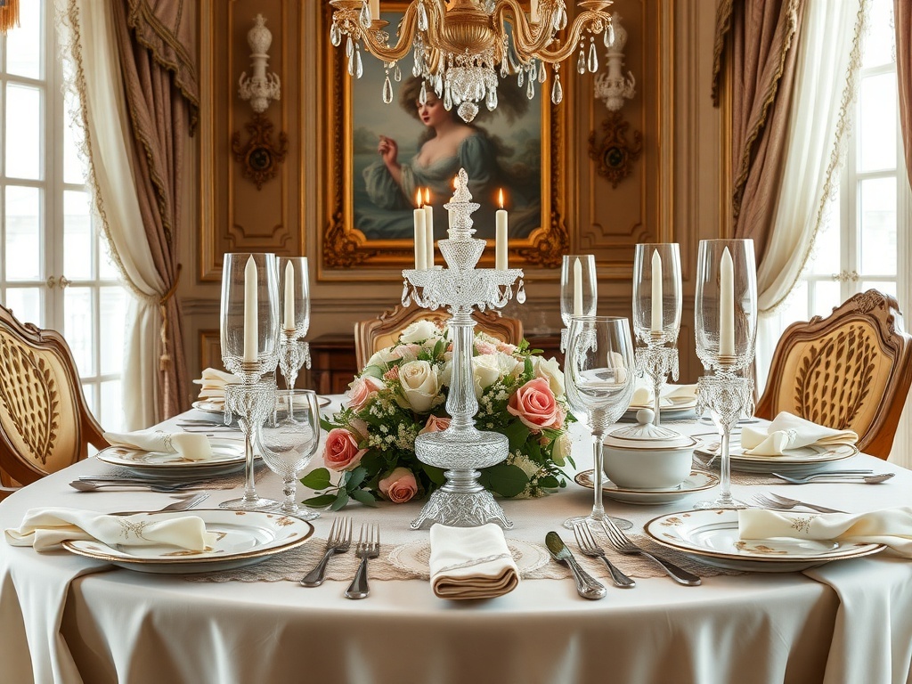 Baroque-inspired wedding table setting with elegant decor, fine china, and floral centerpiece.