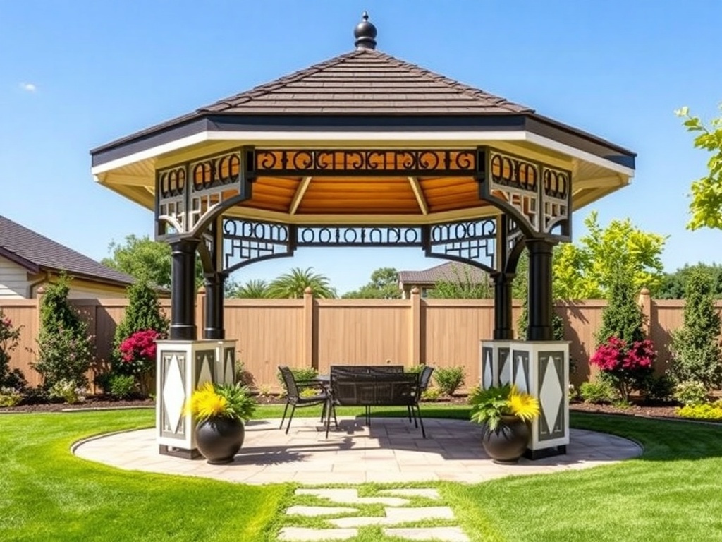 A modern two-level gazebo with geometric patterns in a luxury backyard.