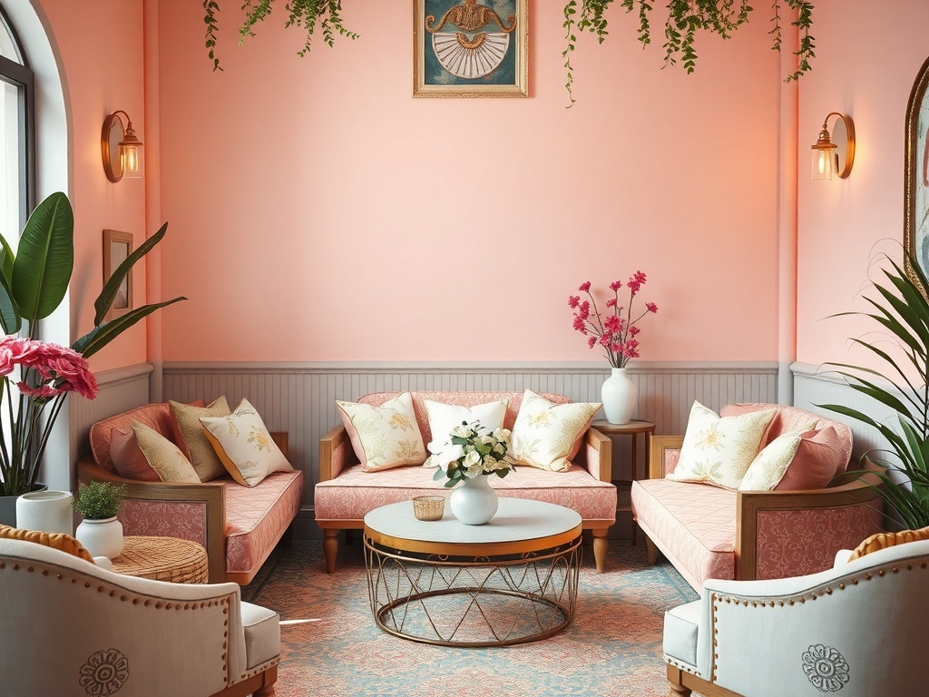 Elegant lounge area with pastel cushions, floral decorations, and a cozy atmosphere