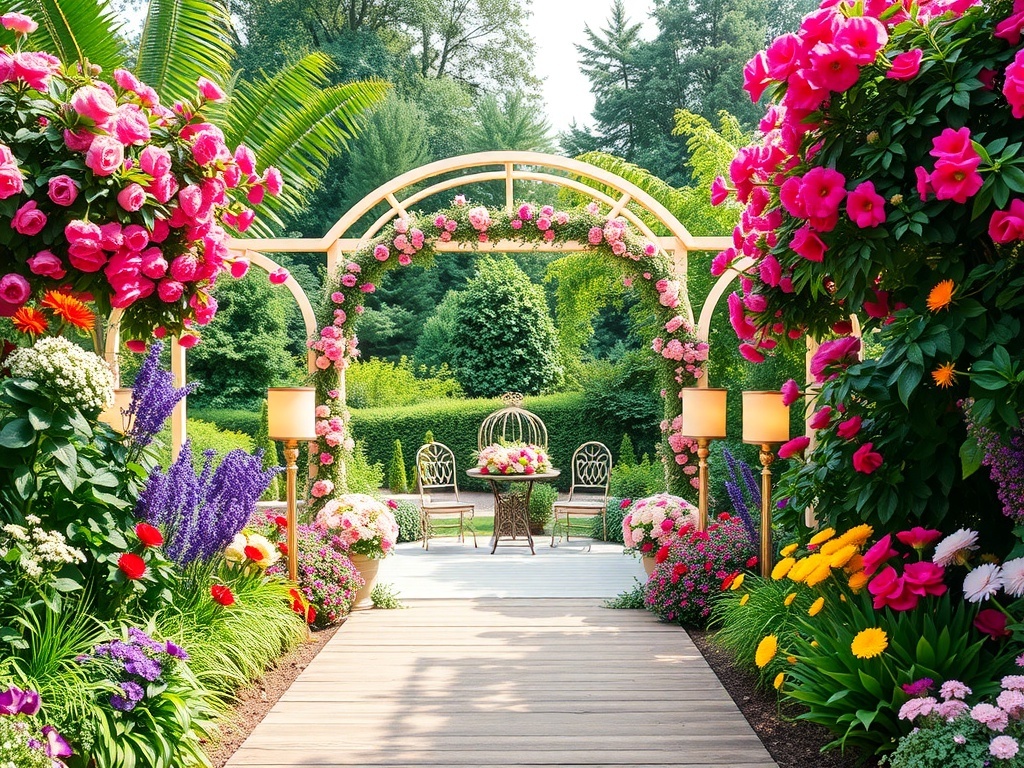 A beautiful garden wedding setup with colorful flowers and an archway.
