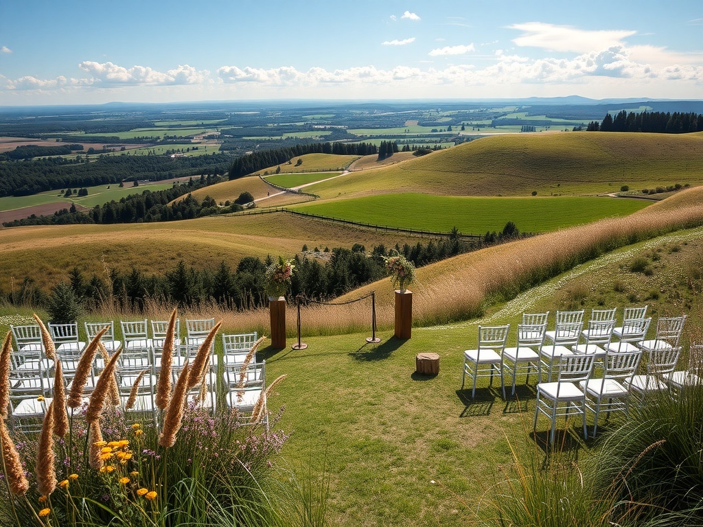 A picturesque outdoor wedding setup with white chairs facing a scenic view of rolling hills and meadows.