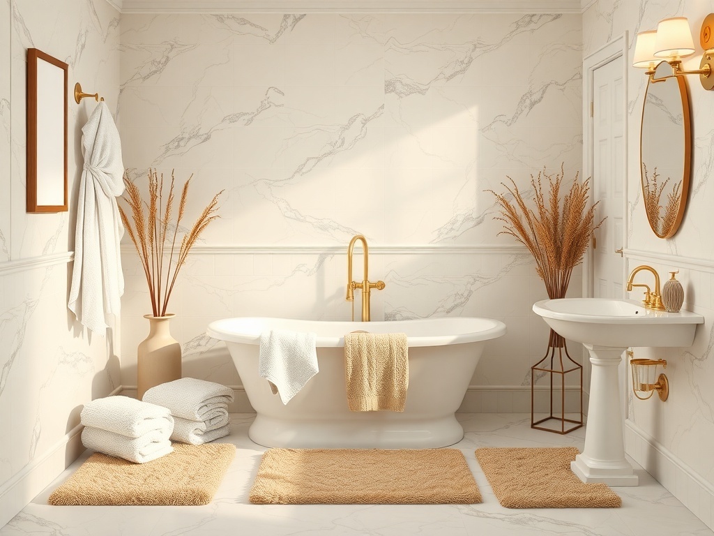 Luxurious bathroom with a freestanding tub, gold fixtures, and soft textiles.