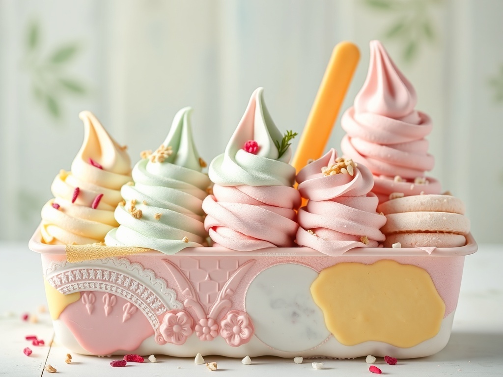 Pastel colored ice cream cups with sprinkles on a light background