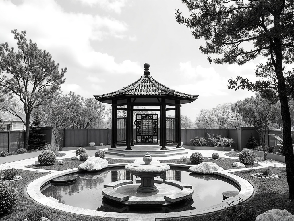 Stylish two-level gazebo in a luxury backyard with a water feature and zen garden.