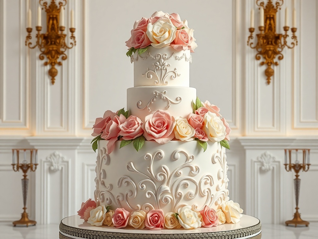 A three-tiered wedding cake decorated with pink and cream roses and intricate designs.