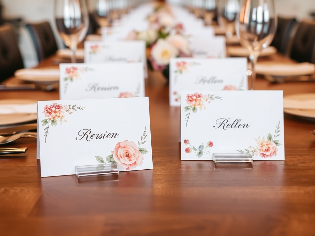Elegant place cards with floral accents on a beautifully set table for a birthday party.