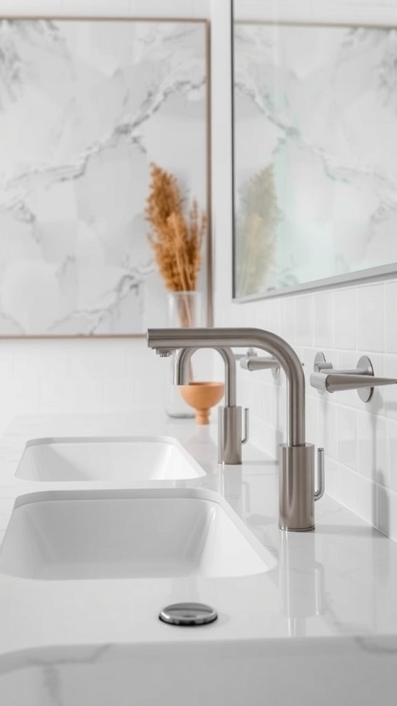 Brushed metal fixtures in a modern bathroom setting