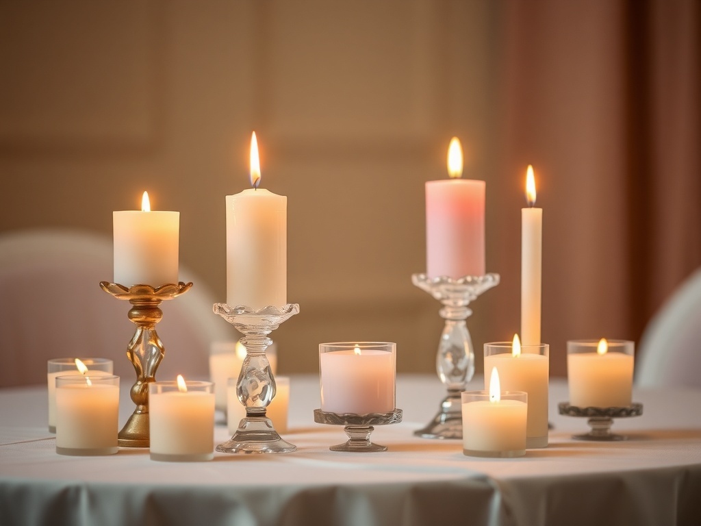 Pastel colored candles in elegant holders on a table
