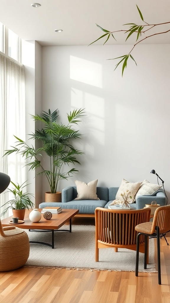 A modern living room featuring bamboo plants and bamboo furniture elements.