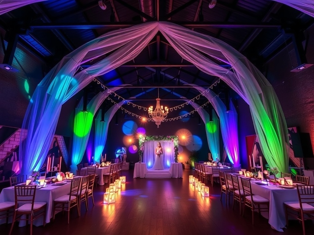 A beautifully decorated warehouse space for a wedding featuring large illuminated letters and elegant table settings.