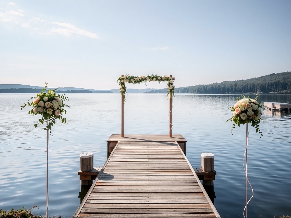 A serene lakeside wedding setup with a wooden dock, floral arrangements, and calm waters.
