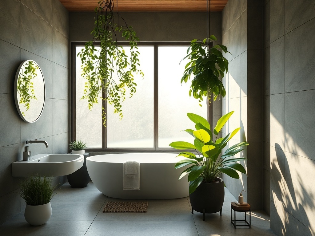 A luxurious bathroom featuring indoor plants and a freestanding bathtub.