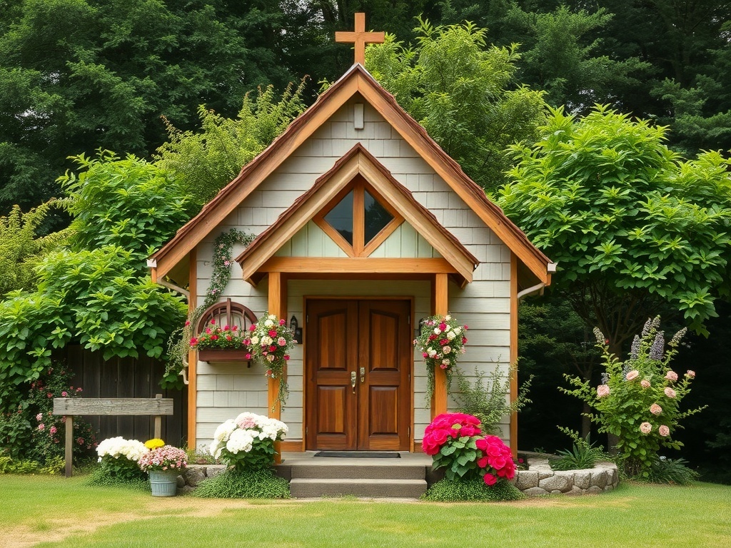 A quaint chapel with wooden doors, surrounded by lush greenery and colorful flowers.