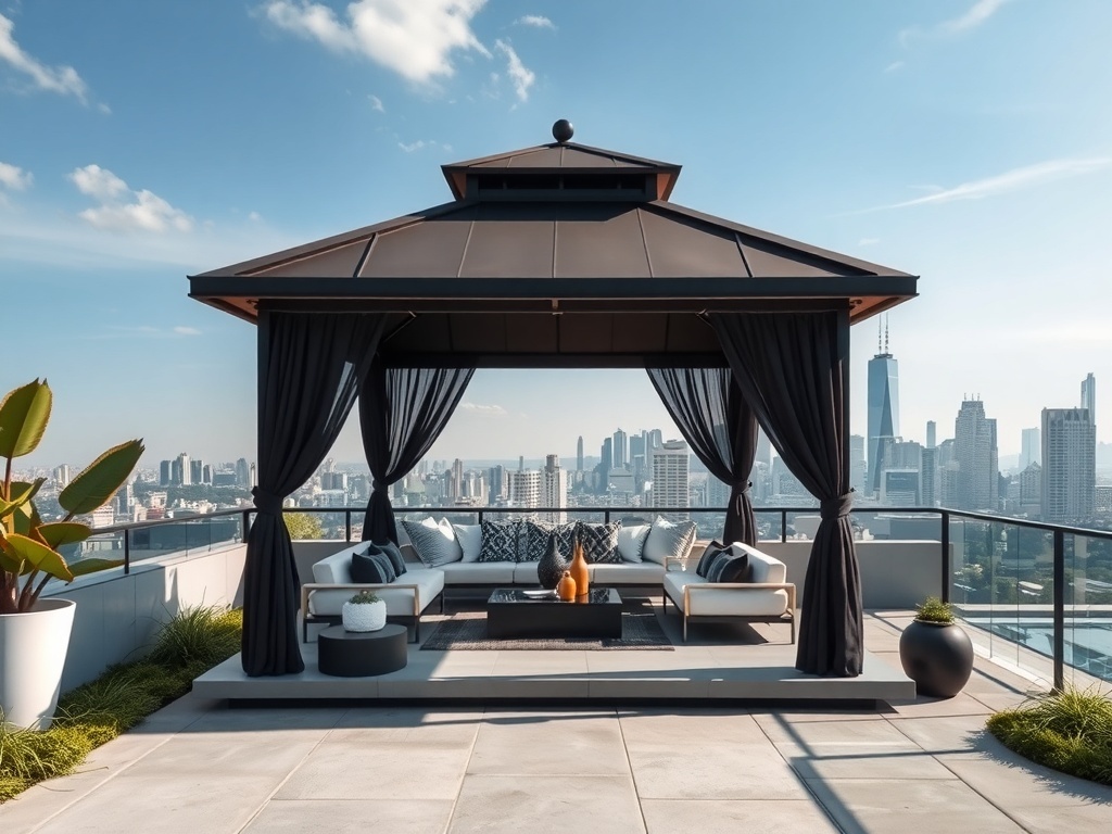 Modern rooftop gazebo with black and white design overlooking the city skyline.