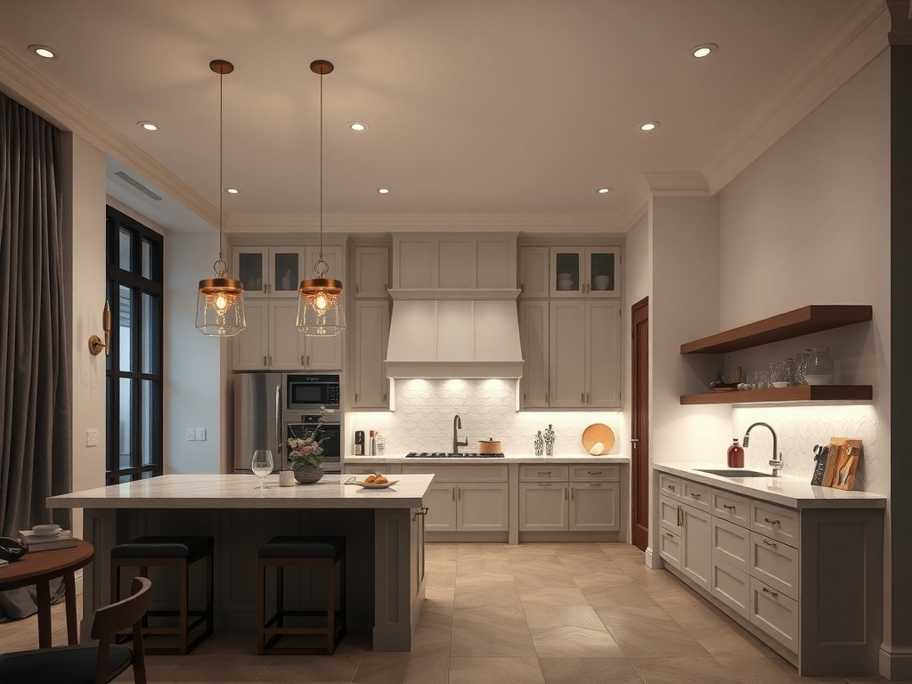 A modern luxury kitchen with elegant lighting fixtures.