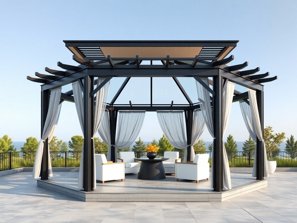 A modern two-level gazebo with a retractable roof, featuring black and white designs in a luxury backyard.