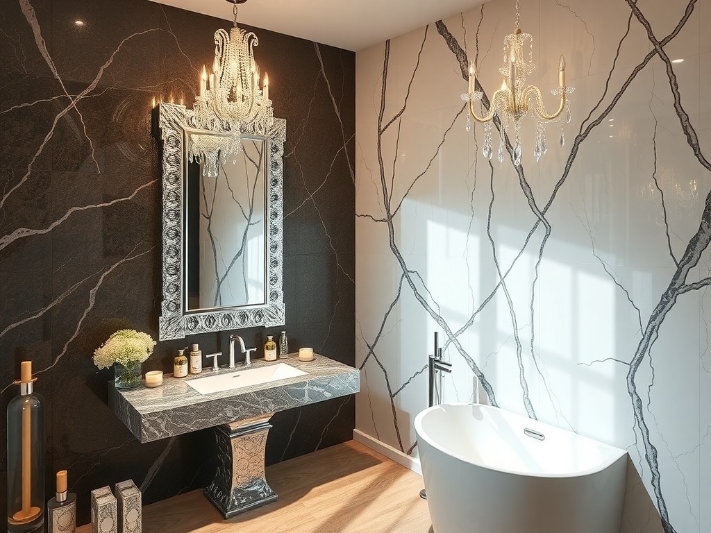 A stylish bathroom featuring unique decor elements like an artistic mirror and wall art.