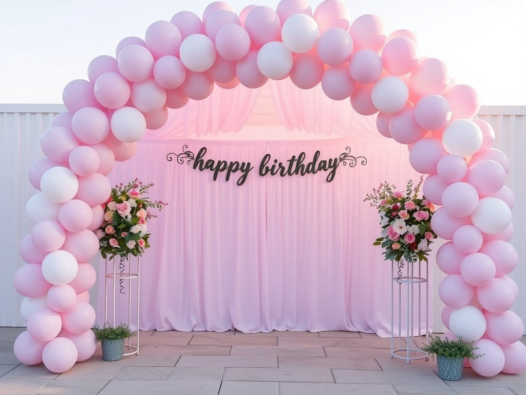 A soft pink and lavender balloon arch with a 'happy birthday' sign and floral arrangements on either side.